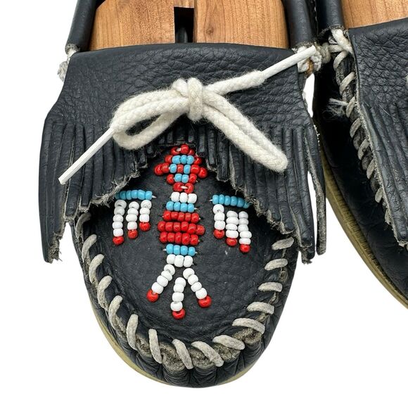Minnetonka Thunderbird Boat Moccasins Beaded Fringe 179 Leather Womens Sz 7 Blue - Picture 5 of 6